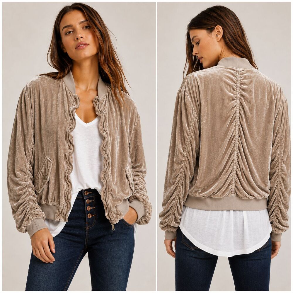 Free People Ruched Velvet Bomber Jacket Taupe Beige Boho Medium - Picture 1 of 16